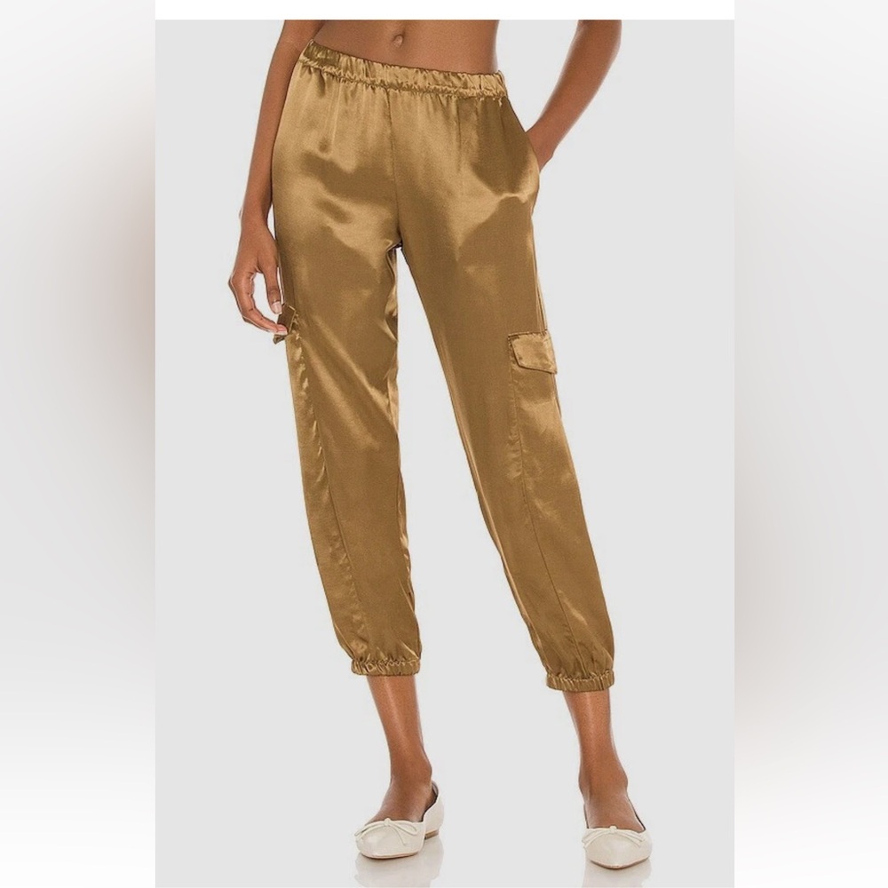 Enza Costa REVOLVE bronze satin cargo cropped pants. Made in USA